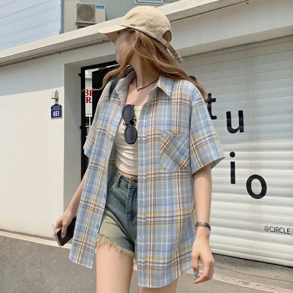 Design Plaid Short-Sleeve Shirt Blue Beige Tops.shirt - 7