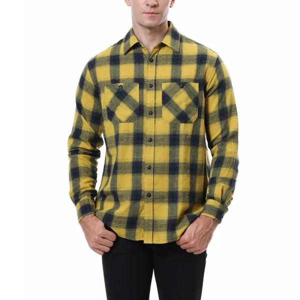 Design Flannel Shirt Yellow Navy Plaid Shirt Tops Shirt - 1