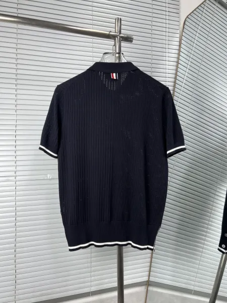 Thom Browne Ribbed Knit Polo Navy with White Trim Polo Shirt - 10