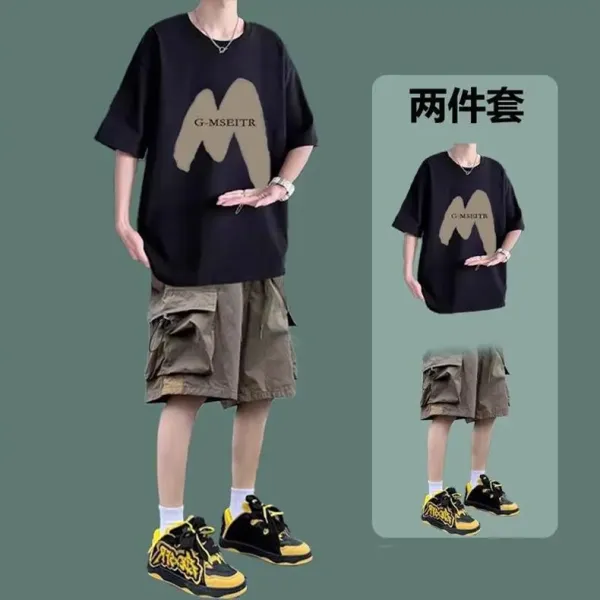 Design G-MSEITR Graphic Print Oversized T-Shirt and Cargo Shorts Set Black Olive Multicolor Sets - 8