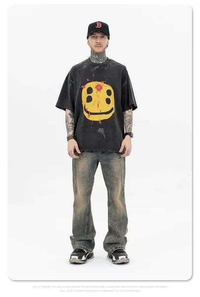 Design LOG Smiley Face Distressed Black T-Shirt T-Shirts - 12