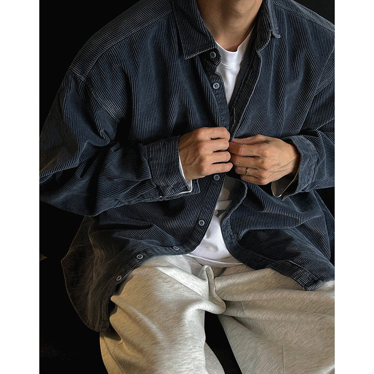 Design Corduroy Shirt Jacket Navy Blue Outerwear - 3