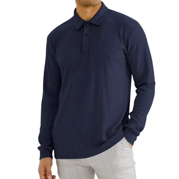 Design Ribbed Long Sleeve Polo Navy Tops Polo - 1