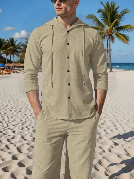 Design Light Blue Hooded Button-Up Shirt and Matching Pants Set - 12