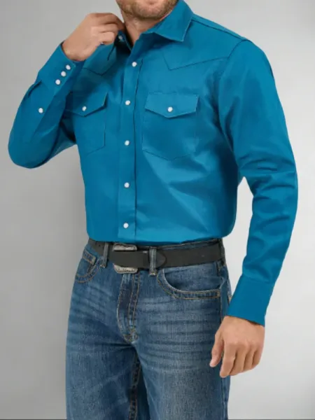 Design Red Western-Style Shirt with Flap Pockets and Blue Denim Jeans Shirt - 7