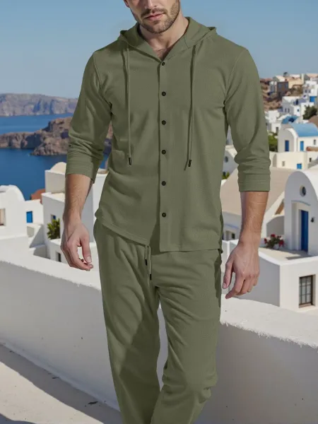Design Light Blue Hooded Button-Up Shirt and Matching Pants Set - 17