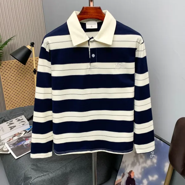 Design Savage Base Gather Stripe Long-Sleeve Polo in Burgundy and Beige Tops Polo - 9