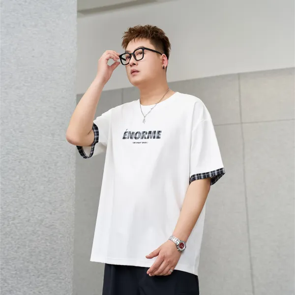 Design ÉNORME Graphic Print T-Shirt White with Plaid Cuff Detail T-Shirts - 1