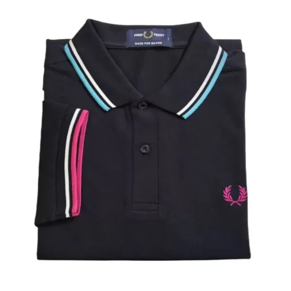 Fred Perry Twin Tipped Polo Black with Turquoise and Pink Stripes Tops Polo - 1