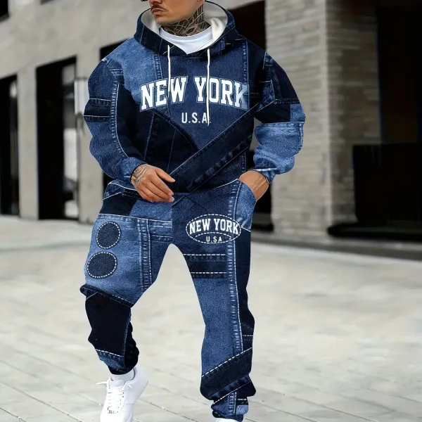 Design Denim Patchwork 'New York U.S.A.' Hoodie and Sweatpants Set Blue Black - 10