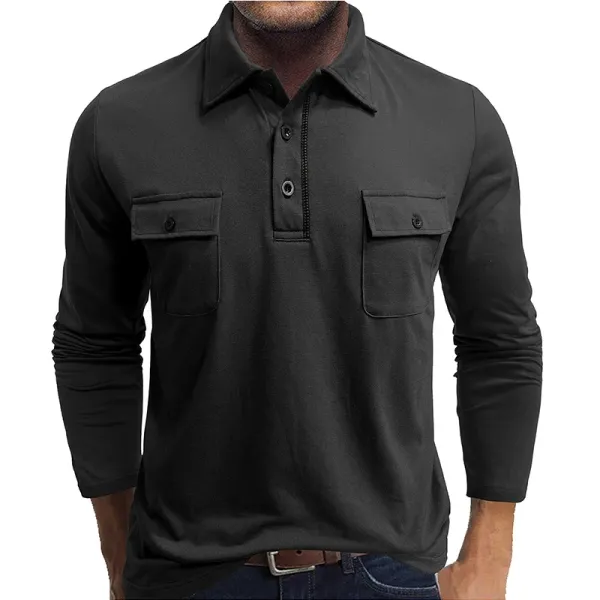 Design Long Sleeve Button-Placket Shirt with Chest Pockets Black Tops Shirt - 1