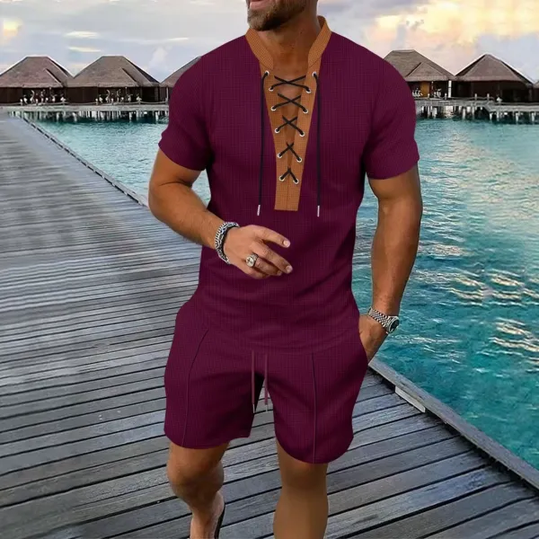 Design Lace-Up V-Neck Two-Piece Set Burgundy - 1