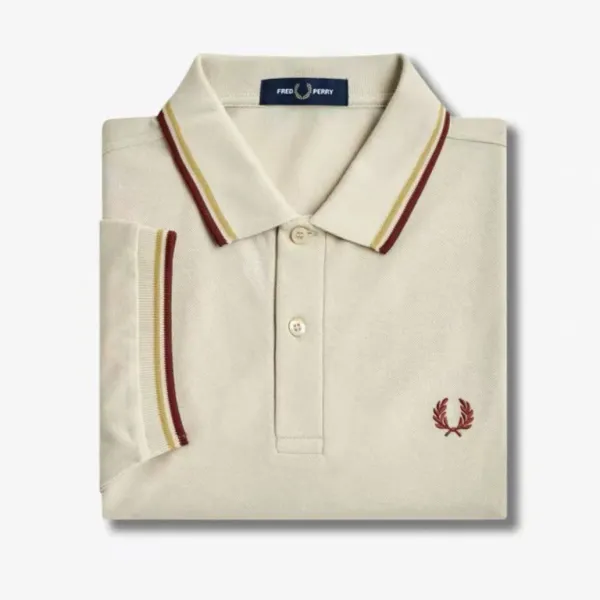 Fred Perry Twin Tipped Polo Beige with Burgundy and Gold Trim Tops Polo - 1