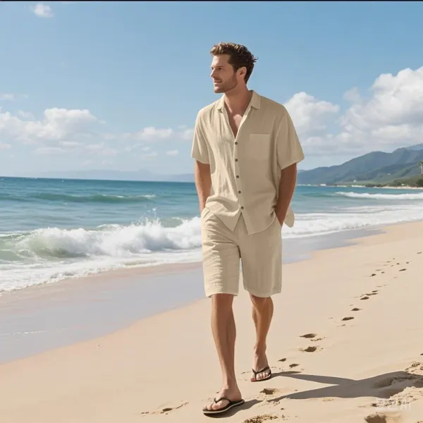 Design Linen Shirt and Shorts Set Beige Casual Set - 1