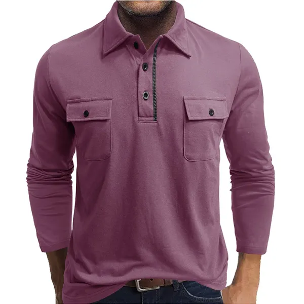 Design Long Sleeve Zip-Placket Pocket Polo in Purple Tops Polo - 1