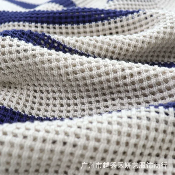 Design Striped Mesh Knit Cardigan Navy and Beige - 13