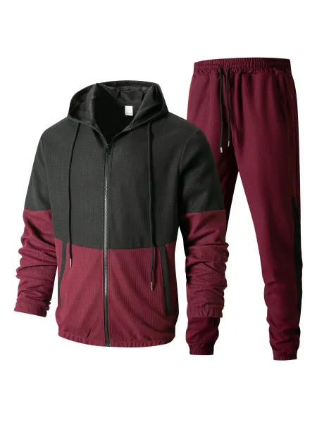 Design Color-Block Windbreaker and Joggers Set Burgundy Black Tracksuit - 11