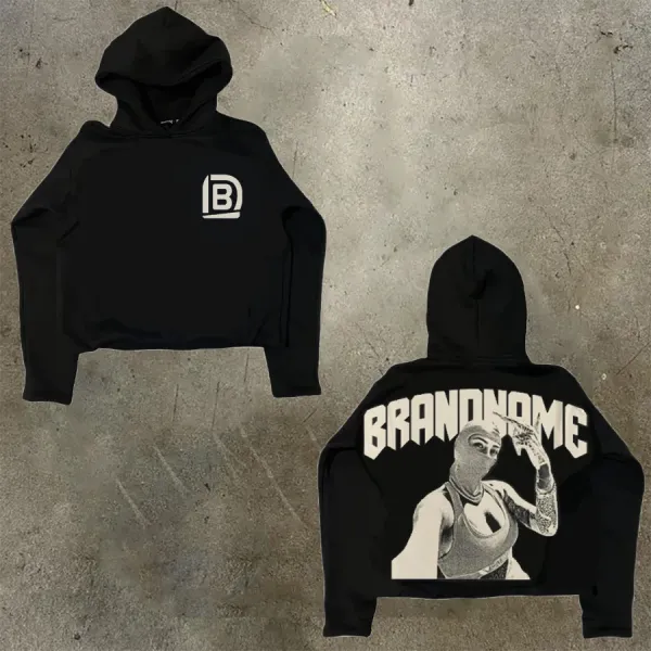 Design Cropped Hoodie Black with Graphic Print and Logo - 1