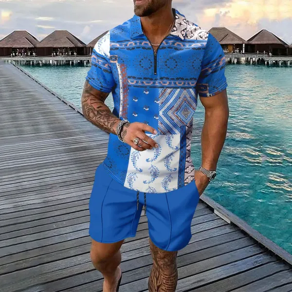 Design Patchwork Print Half-Zip Polo Blue Multicolor Shorts Set Tops Polo - 5