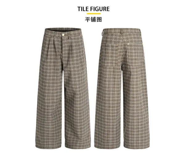 Design Wide-Leg Plaid Trousers Brown Beige Pants - 9