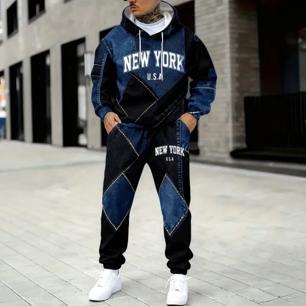 Design Denim Patchwork 'New York U.S.A.' Hoodie and Sweatpants Set Blue Black - 6