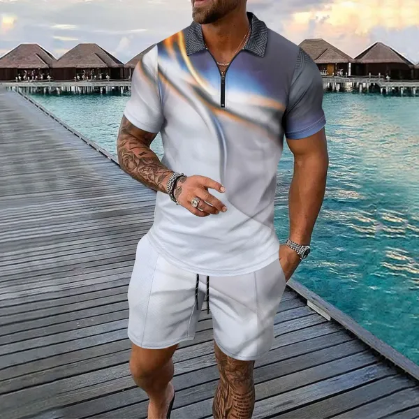 Design Tropical Print Half-Zip Polo Shirt in Dark Green with Aqua Floral Pattern Tops Polo - 4