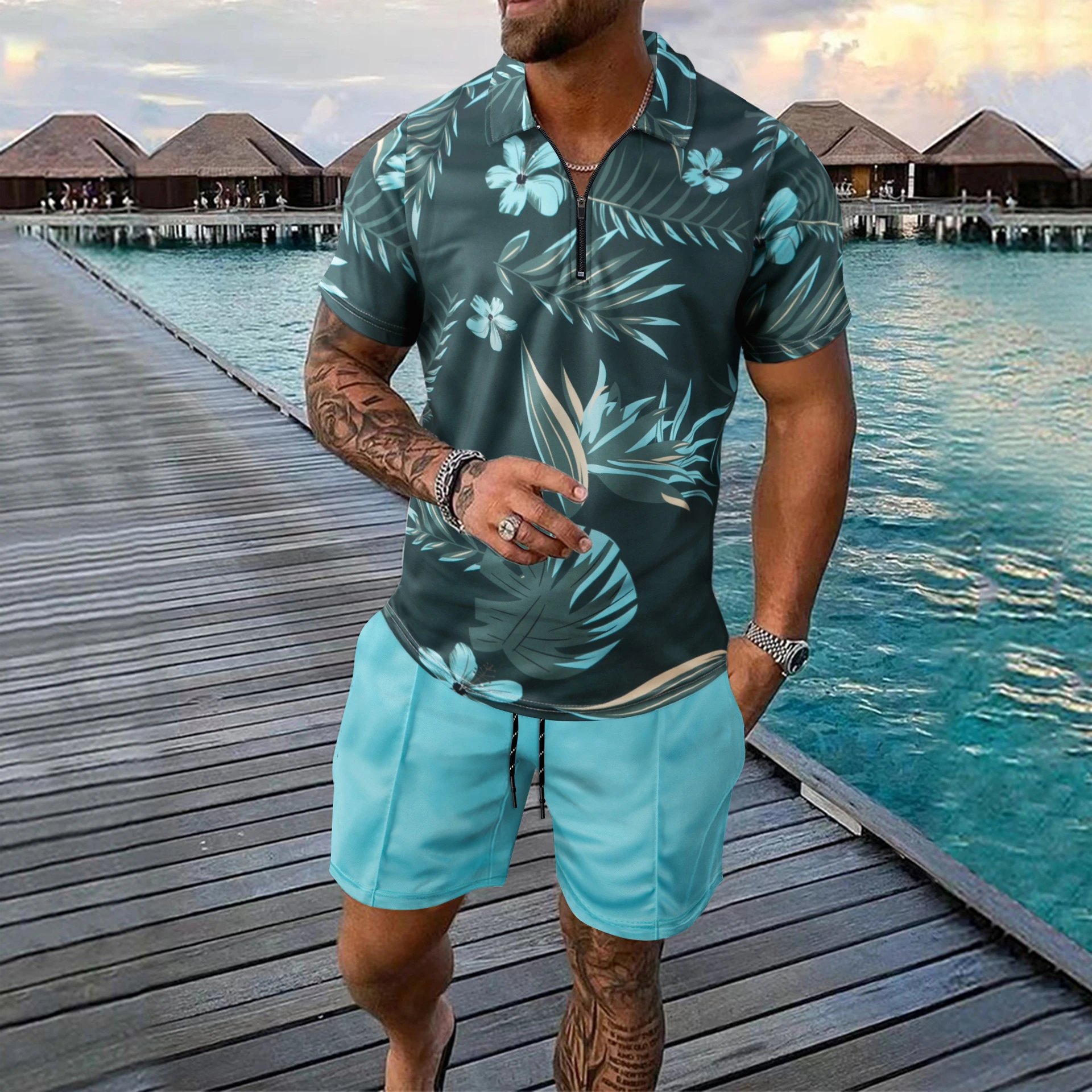 Design Tropical Print Half-Zip Polo Shirt in Dark Green with Aqua Floral Pattern Tops Polo - 10