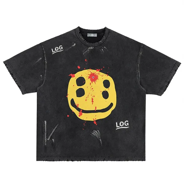 Design LOG Smiley Face Distressed Black T-Shirt T-Shirts - 1