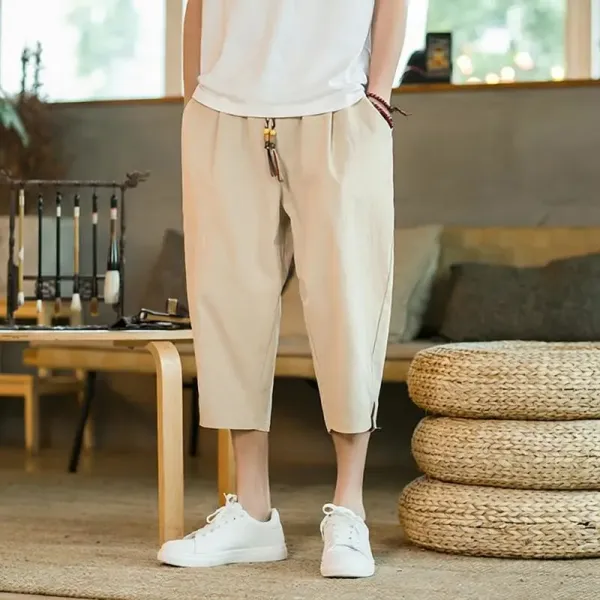 Design Linen Blend Cropped Pants Beige Casual Pants - 1