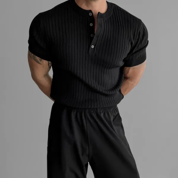 Design Ribbed Henley Knit Tee Black Tops - 1