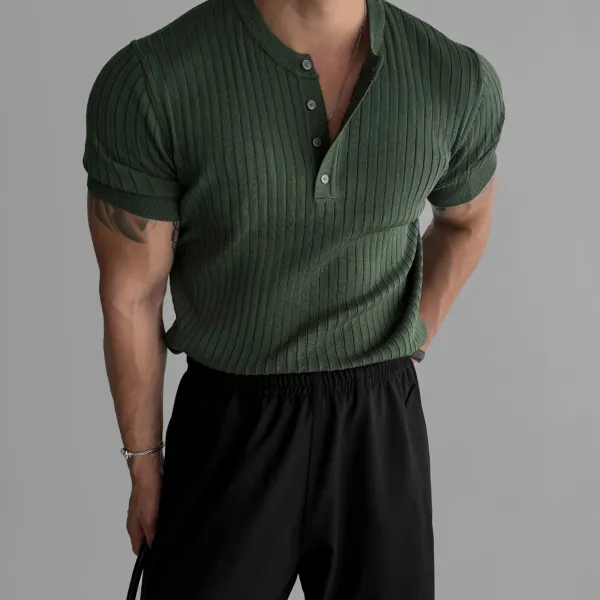 Design Ribbed Knit Henley Tee in Olive Green Tops Polo - 1