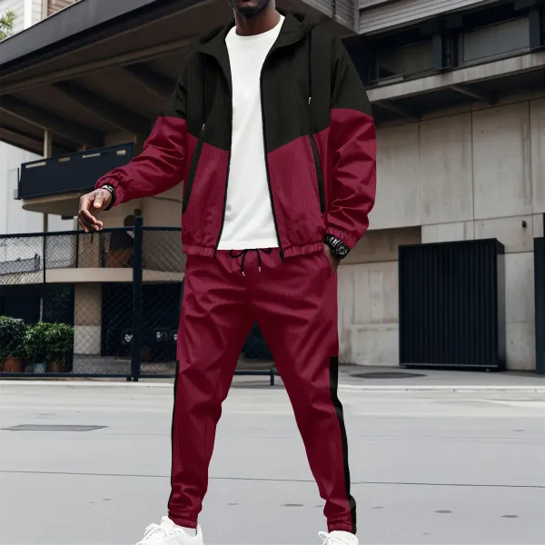 Design Color-Block Windbreaker and Joggers Set Burgundy Black Tracksuit - 10