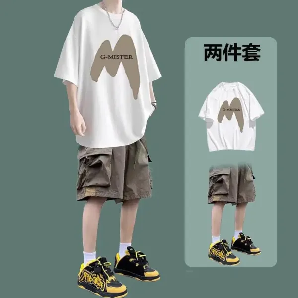 Design G-MISTER Graphic Oversized T-Shirt and Cargo Shorts Two-Piece Set White / Brown Casual Set - 1