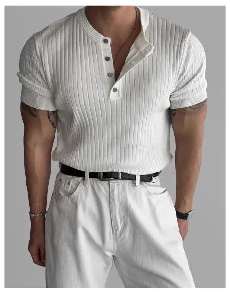 Design Ribbed Henley Knit Top White Tops - 5