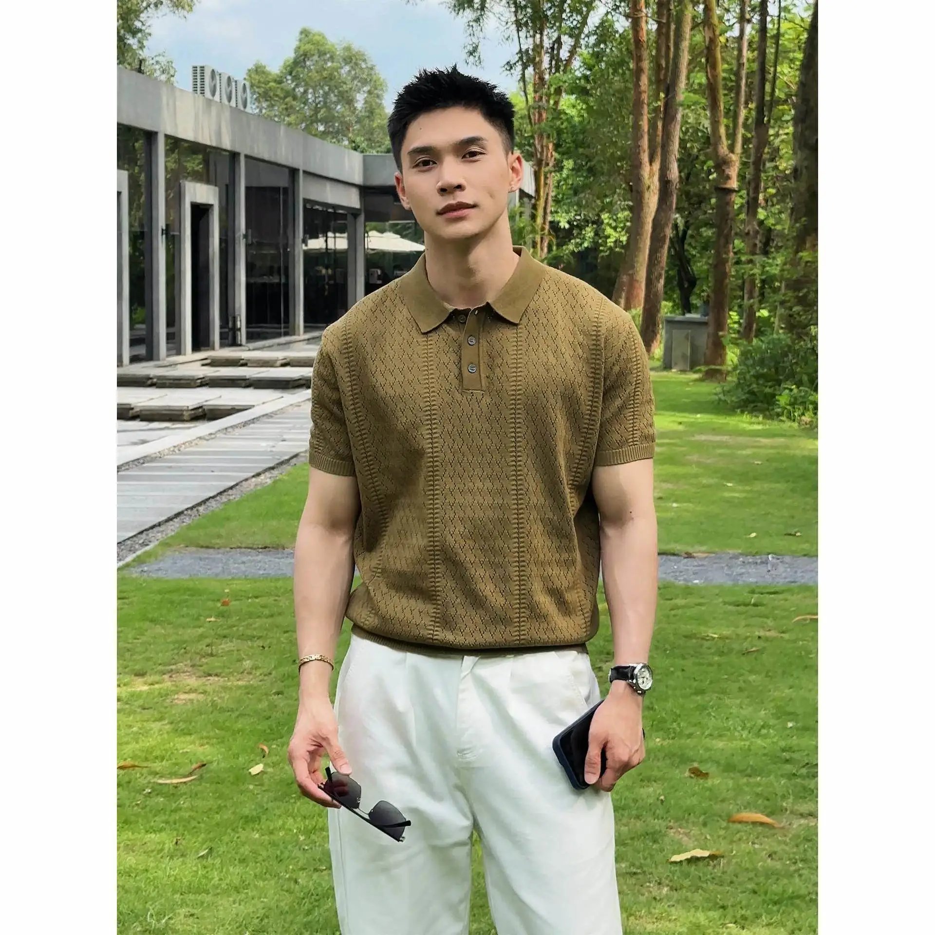 Design Rhett Kelley Knit Polo Shirt Army Green Tops Polo - 6