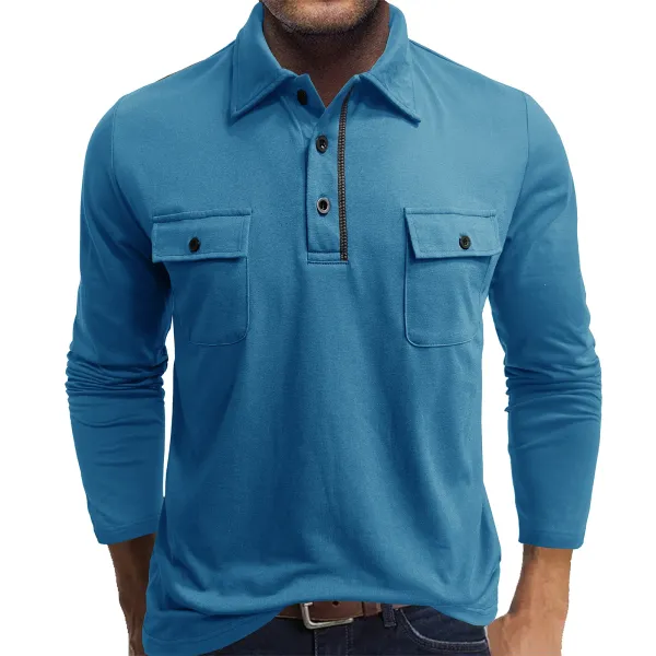 Design Long-Sleeve Zip-Placket Pocket Shirt Blue Tops Shirt - 1
