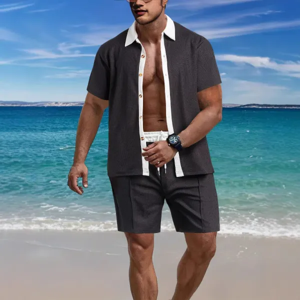 Design Waffle-Knit Open-Front Shirt and Shorts Set Gray - 1