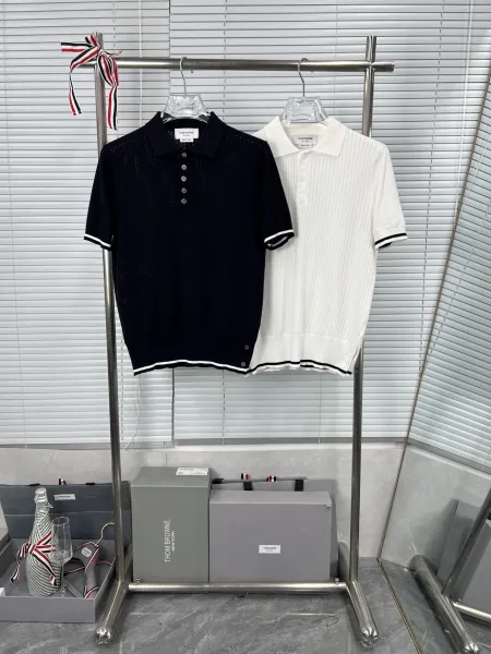 Thom Browne Ribbed Knit Polo Navy with White Trim Polo Shirt - 4