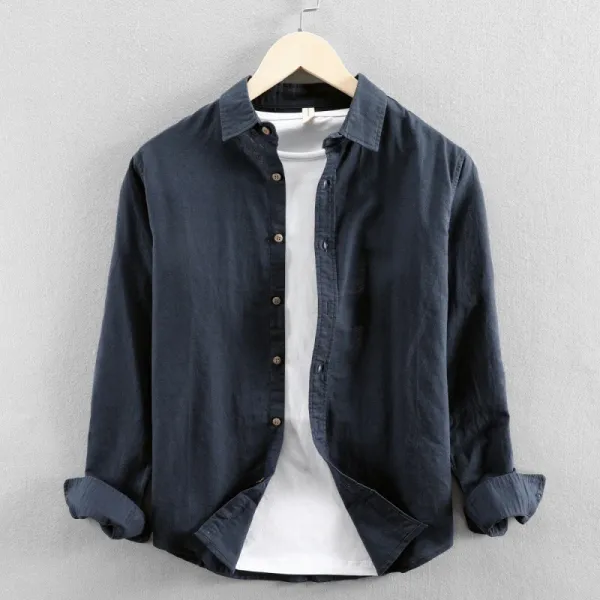 Design Linen Blend Shirt Navy Blue Tops Shirt - 1