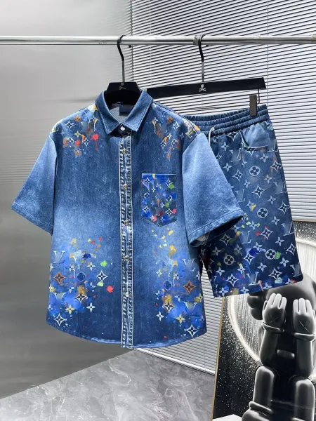 Louis Vuitton Monogram Paint Splatter Denim Shirt and Shorts Set Blue - 1