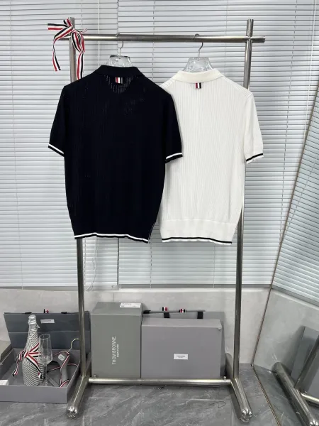 Thom Browne Ribbed Knit Polo Navy with White Trim Polo Shirt - 6