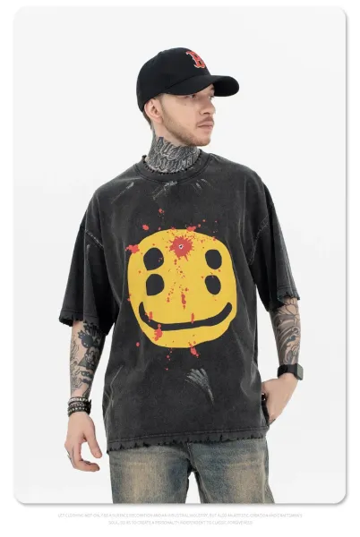 Design LOG Smiley Face Distressed Black T-Shirt T-Shirts - 15