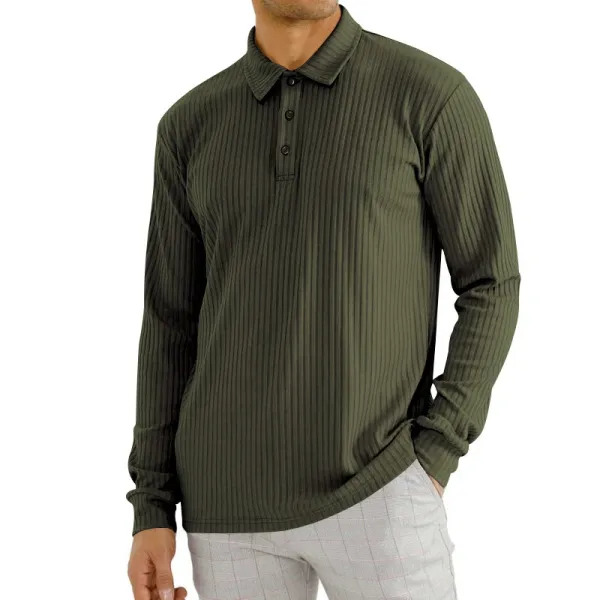 Design Ribbed Long-Sleeve Polo Shirt Army Green Tops Polo - 1