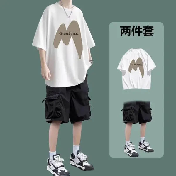 Design G-MISTER Graphic Oversized T-Shirt and Cargo Shorts Set White / Black Sets - 1