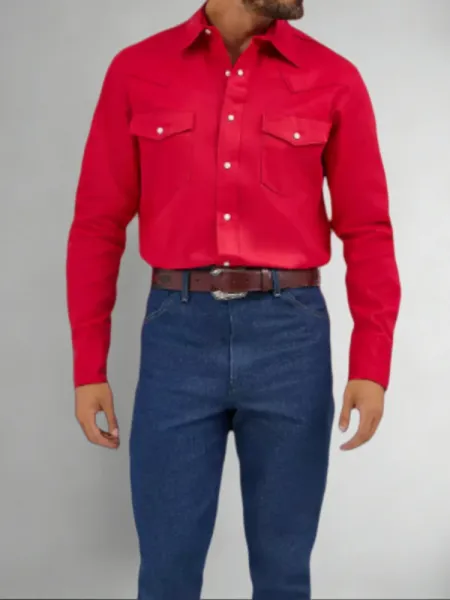 Design Red Western-Style Shirt with Flap Pockets and Blue Denim Jeans Shirt - 1