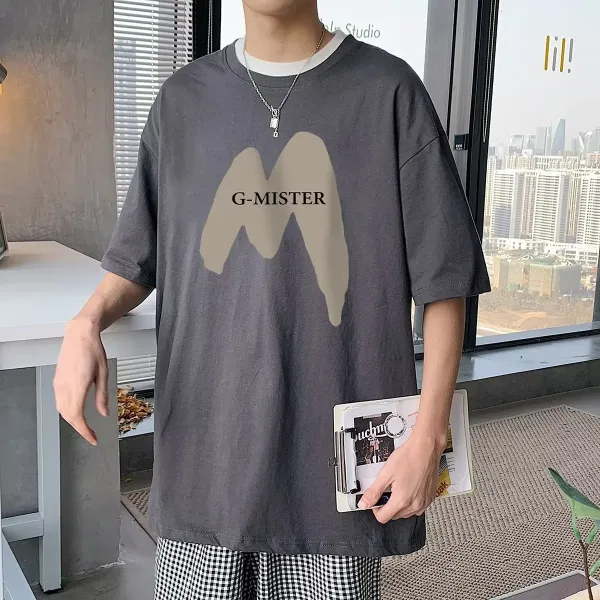 Design G-MISTER Graphic Print Oversized T-Shirt Charcoal Gray T-Shirt T-Shirts - 1