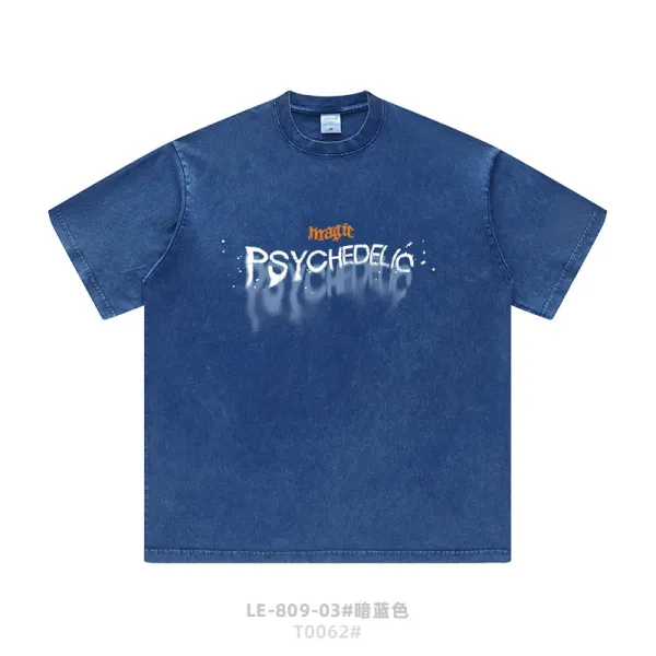 Design Psychedelic Washed Denim T-Shirt Dark Blue - 1