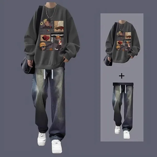 Design Graphic Print Oversized Hoodie and Washed Gradient Pants Set - 3
