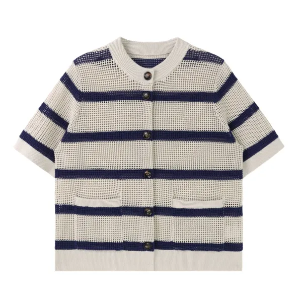 Design Striped Mesh Knit Cardigan Navy and Beige - 1