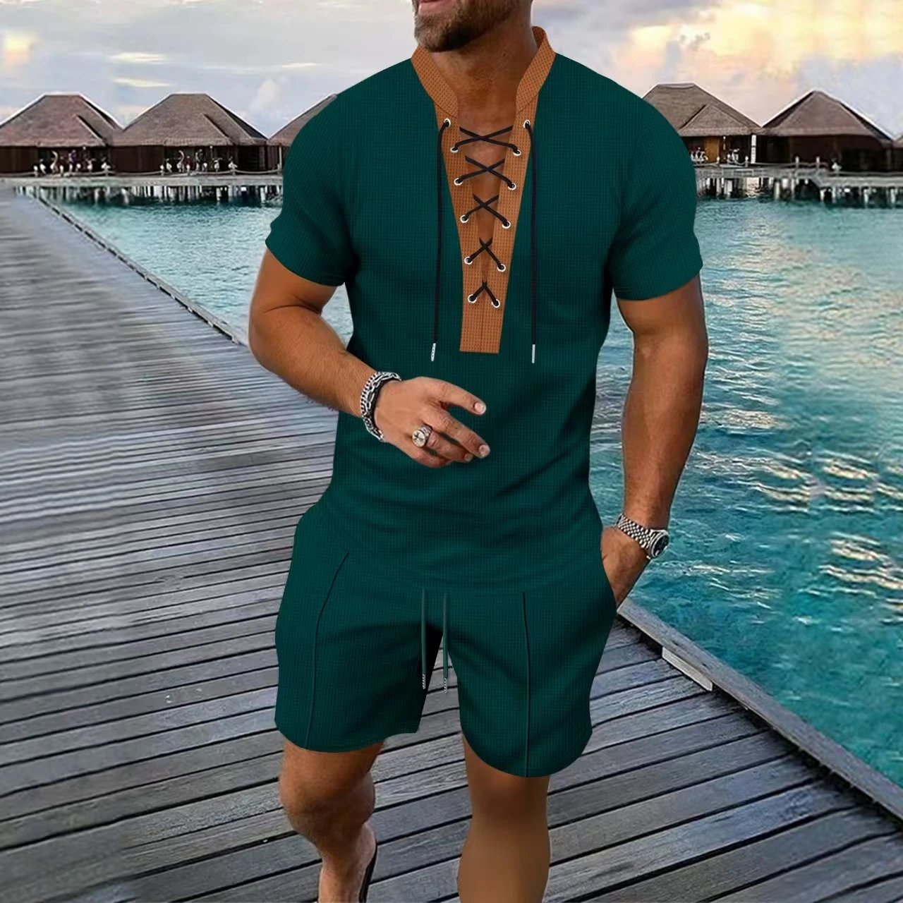 Design Lace-Up V-Neck Short Set Gray - 4